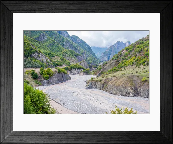 Framed Print : View over Lahich river bed torrent and vertical rocks in summer, Azerbaijan Framed Print : View over Lahich river bed torrent and vertical rocks in summer, Azerbaijan