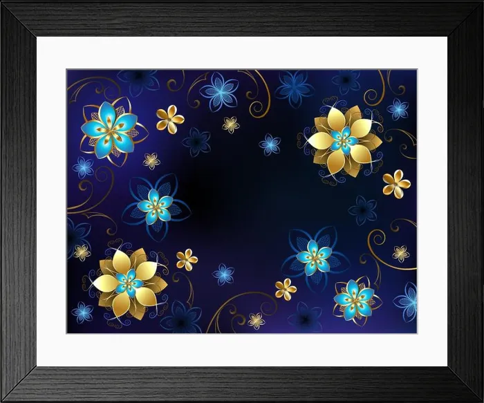 Framed Print : blue background with gold jewelry and blue flowers