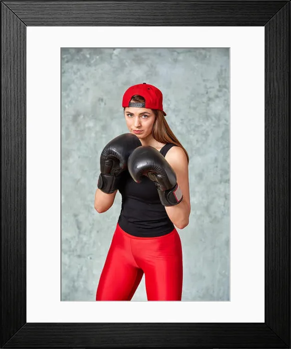 Framed Print : Beautiful young girl boxing gloves near the wall Framed Print : Beautiful young girl boxing gloves near the wall