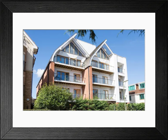 Framed Print : Modern apartment building, Pyrford Road, West Byfleet, Surrey, England, United Kingdom