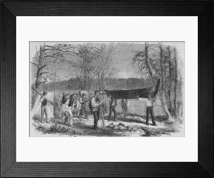 Framed Print : Assiniboine & Saskatchewan exploring expedition. Portaging canoe & baggage 1858. The Illustrated London News Framed Print : Assiniboine & Saskatchewan exploring expedition. Portaging canoe & baggage 1858. The Illustrated London News