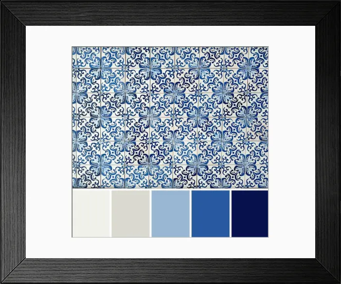 Framed Print : Elegant Blue and White and Neutral Colors Porcelain Tile Pattern with Complementary Color Palette Framed Print : Elegant Blue and White and Neutral Colors Porcelain Tile Pattern with Complementary Color Palette