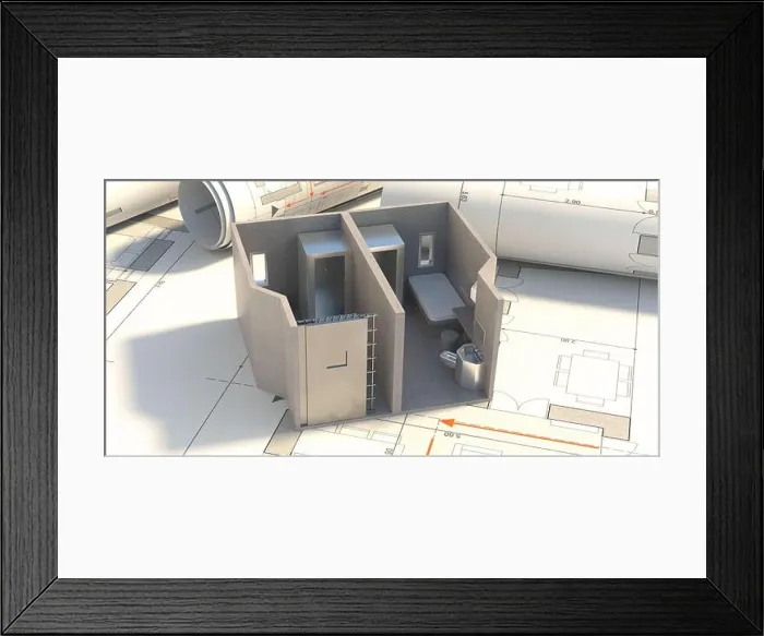 Framed Print : Prison cell double unit model on blueprint plan background Framed Print : Prison cell double unit model on blueprint plan background