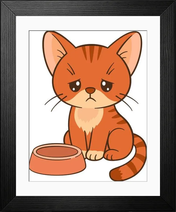 Framed Print : Sad cartoon kitten sitting next to an empty food bowl Framed Print : Sad cartoon kitten sitting next to an empty food bowl