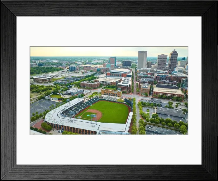 Framed Print : Aerial over Huntington Park baseball diamond early dawn empty streets in city Framed Print : Aerial over Huntington Park baseball diamond early dawn empty streets in city