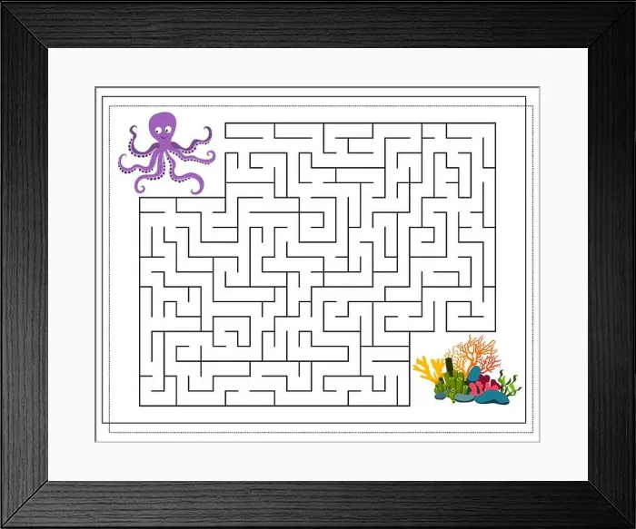 Framed Print : A maze game for kids. Guide the octopus through the maze to the corals. Vector isolated on a white background