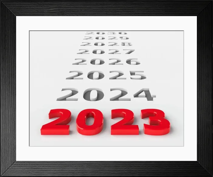Framed Print : 2023 future represents the new year 2023, three-dimensional rendering, 3D illustration Framed Print : 2023 future represents the new year 2023, three-dimensional rendering, 3D illustration