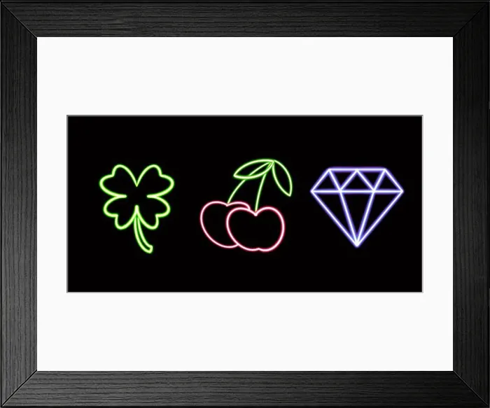 Framed Print : Neon Casino Set, Cherries, Clover Framed Print : Neon Casino Set, Cherries, Clover
