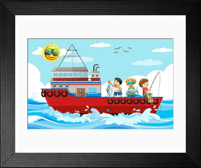 Framed Print : Sea scene with children fishing from ship Framed Print : Sea scene with children fishing from ship