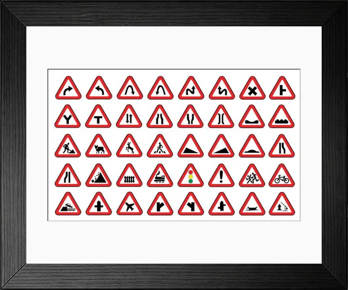 Framed Print : Set of road safety signs. Warning road transport symbol vector collection Framed Print : Set of road safety signs. Warning road transport symbol vector collection