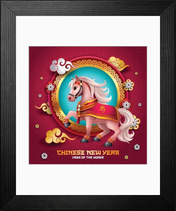 Framed Print : Year of the horse 2026 Chinese zodiac signs, with cute 3D colorful Horse illustration and golden ornaments Framed Print : Year of the horse 2026 Chinese zodiac signs, with cute 3D colorful Horse illustration and golden ornaments
