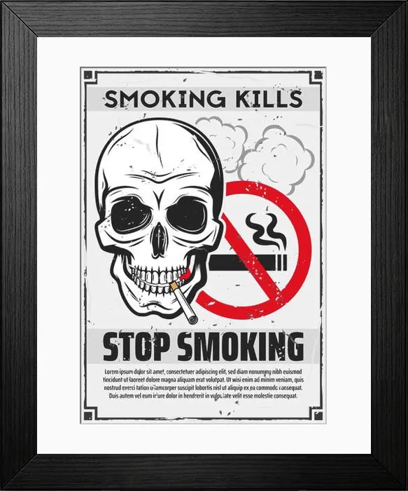 Framed Print : Stop smoking poster of skull with cigarette Framed Print : Stop smoking poster of skull with cigarette