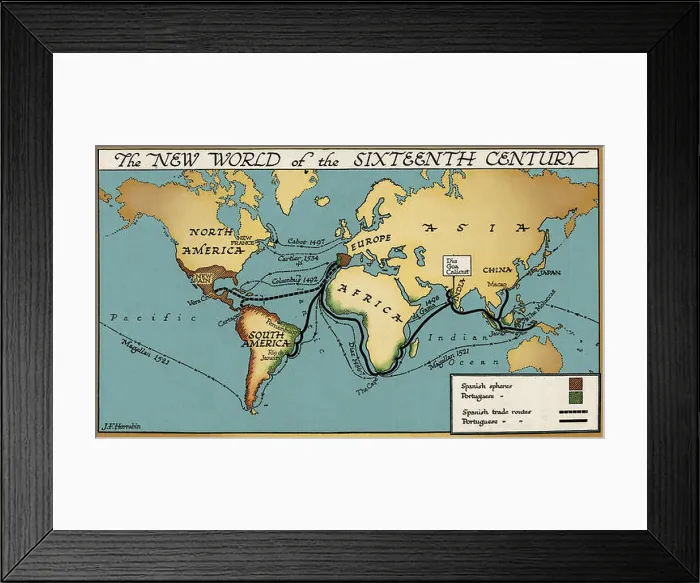 Framed Print : The new world of the 16th century, map showing Spanish and Portuguese colonies and trade routes Framed Print : The new world of the 16th century, map showing Spanish and Portuguese colonies and trade routes
