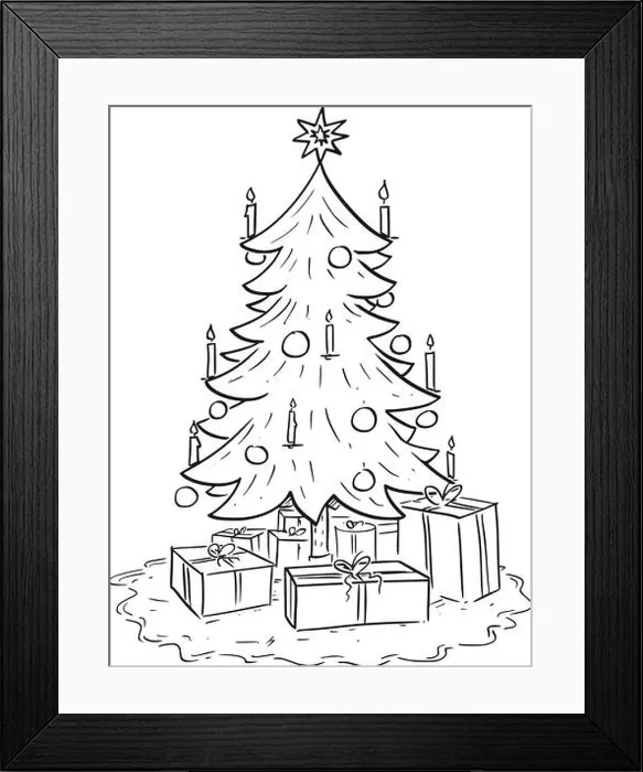 Framed Print : Cartoon drawing illustration of Christmas spruce or fir tree with gifts or presents around Framed Print : Cartoon drawing illustration of Christmas spruce or fir tree with gifts or presents around