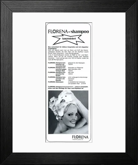 Framed Print : advertising, cosmetics, Florena-Shampoo