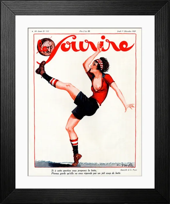 Framed Print : Coup de Botte 1927 French risque magazine cover with a lady footballer kicking her lover's head as the ball into touch Framed Print : Coup de Botte 1927 French risque magazine cover with a lady footballer kicking her lover's head as the ball into touch