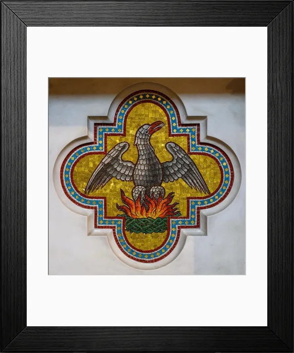 Framed Print : Mosaic of the Phoenix as a symbol of the Resurrection of Jesus Christ. Votivkirche – Votive Church, Vienna, Austria