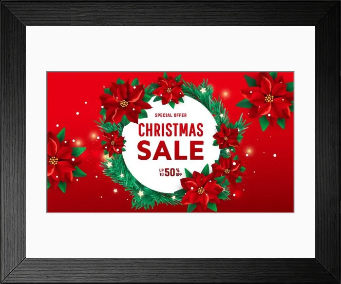Framed Print : Creative banner with red poinsettia flowers and a white round frame on a red burgundy background with sale text Framed Print : Creative banner with red poinsettia flowers and a white round frame on a red burgundy background with sale text