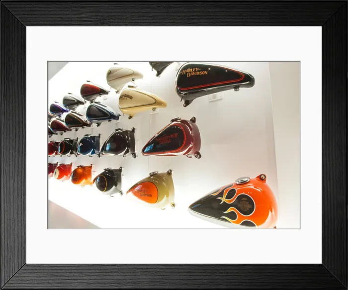 Framed Print : Wall of custom motorcycle gas tanks Harley Davidson Museum Milwaukee, Wisconsin Framed Print : Wall of custom motorcycle gas tanks Harley Davidson Museum Milwaukee, Wisconsin