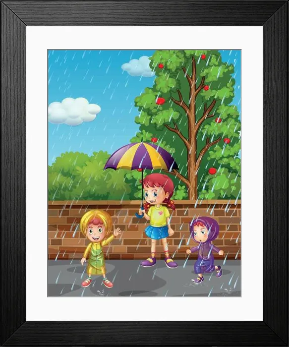 Framed Print : Rainy season with three kids in the rain illustration Framed Print : Rainy season with three kids in the rain illustration