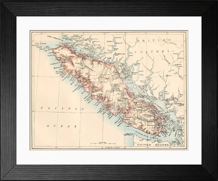 Framed Print : Map of Vancouver Island, British Columbia, Canada, 1870s. Color lithograph Framed Print : Map of Vancouver Island, British Columbia, Canada, 1870s. Color lithograph