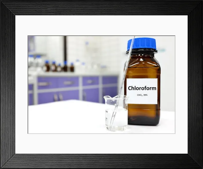 Framed Print : Selective focus of chloroform or trichloromethane liquid chemical in glass amber bottle inside a chemistry laboratory Framed Print : Selective focus of chloroform or trichloromethane liquid chemical in glass amber bottle inside a chemistry laboratory