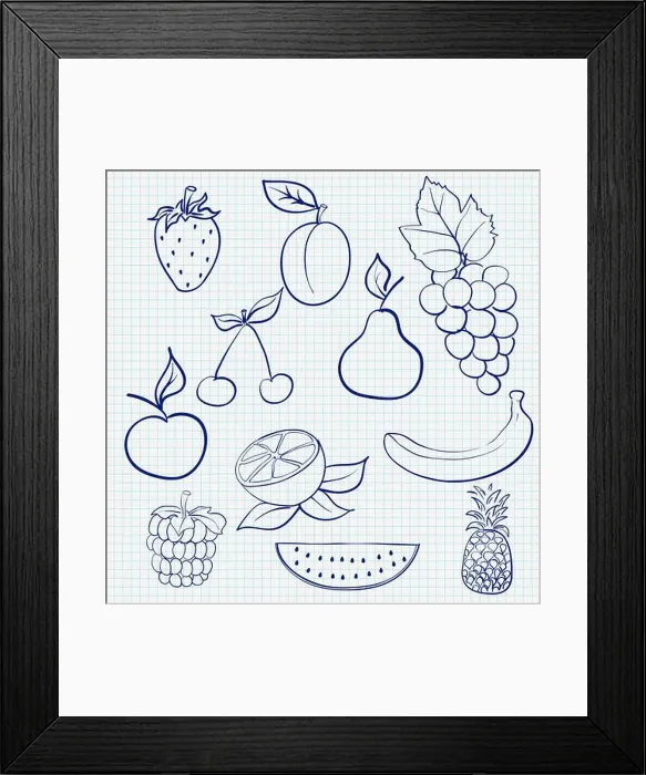 Framed Print : Fruits and berries. Blue outline sketch on lined paper background