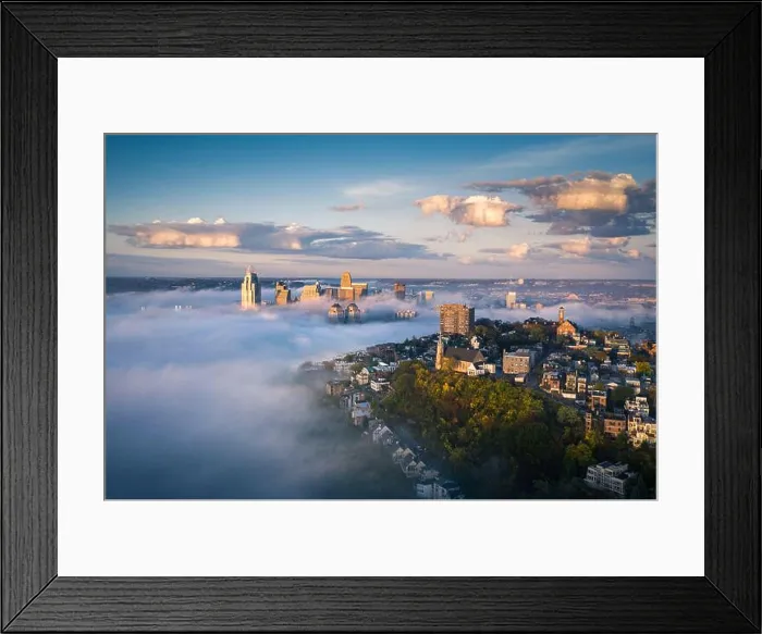 Framed Print : Fog at Cincinnati downtown aerial view, Ohio, USA skyline Framed Print : Fog at Cincinnati downtown aerial view, Ohio, USA skyline