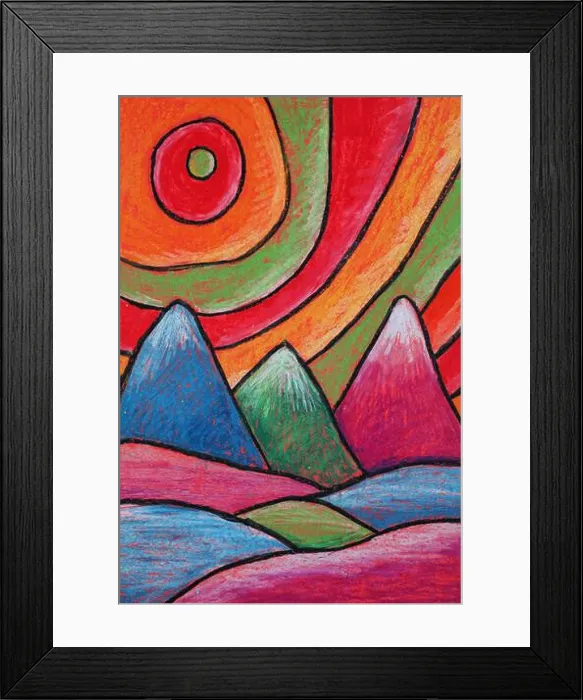 Framed Print : Colorful pastel drawing of beautiful abstract mountain landscape