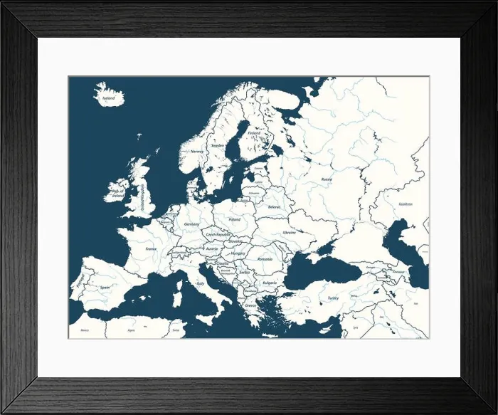 Framed Print : Europe high detailed vector political map with rivers and country names Framed Print : Europe high detailed vector political map with rivers and country names