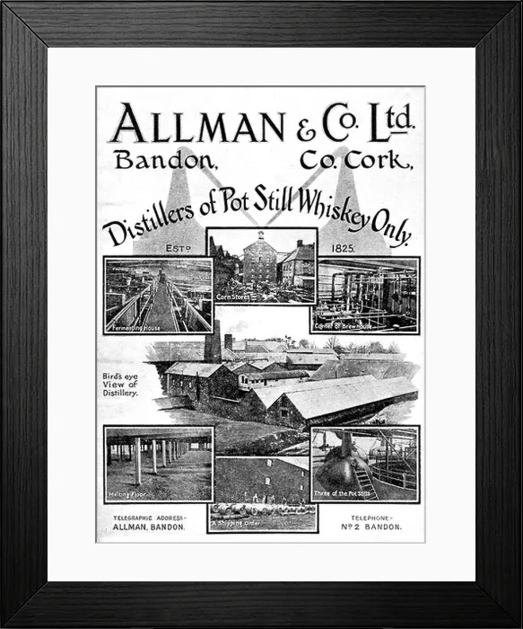 Framed Print : Allman Whiskey 1919 advert for the Distillers of Pot Still Whiskey Only from Bandon in County Cork with views of Framed Print : Allman Whiskey 1919 advert for the Distillers of Pot Still Whiskey Only from Bandon in County Cork with views of