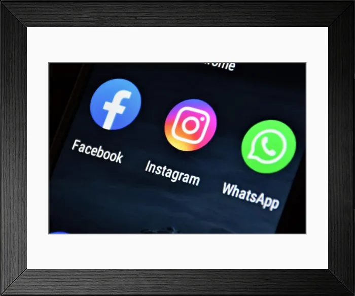 Framed Print : Facebook, Instagram and Whatsapp icons on monitor screen. Social network website. Icon. Social media app. Social network