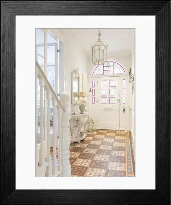 Framed Print : White, luxury home showcase interior foyer with chandelier Framed Print : White, luxury home showcase interior foyer with chandelier
