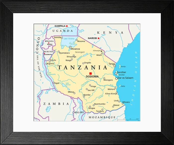 Framed Print : Political map of Tanzania with capital Dodoma Framed Print : Political map of Tanzania with capital Dodoma