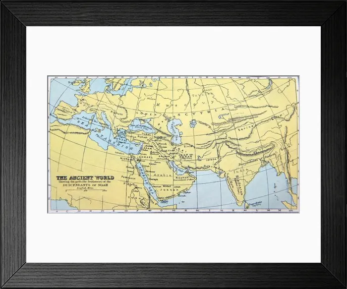 Framed Print : Historical Old Map Showing the Ancient World and the Probable Settlements of the Descendants of Noah in Holy Bible Framed Print : Historical Old Map Showing the Ancient World and the Probable Settlements of the Descendants of Noah in Holy Bible