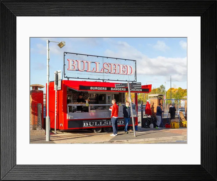 Framed Print : Bullshed food stall outside Old Trafford Football Stadium on match day Framed Print : Bullshed food stall outside Old Trafford Football Stadium on match day