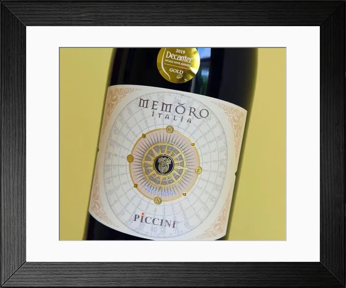 Framed Print : Wine label. Memoro Italia. Piccini. Rosso d'Italia. 2019 Decanter World Wine Awards Gold Framed Print : Wine label. Memoro Italia. Piccini. Rosso d'Italia. 2019 Decanter World Wine Awards Gold