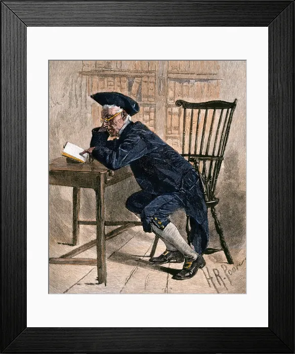 Framed Print : Colonial book-worm in the old Philadelphia library, 1700s. Hand-colored woodcut Framed Print : Colonial book-worm in the old Philadelphia library, 1700s. Hand-colored woodcut