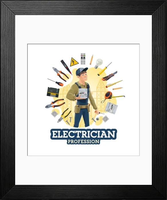 Framed Print : Electrician profession, man and work tools
