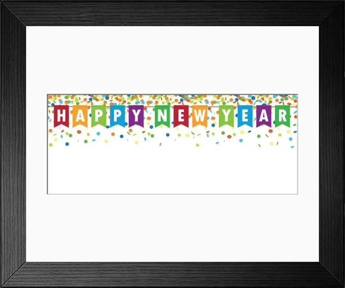 Framed Print : happy new year party flags banner with confetti rain on white background vector illustration EPS10