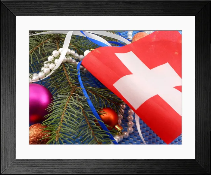 Framed Print : switzerland flag with christmas decoration, new year card Framed Print : switzerland flag with christmas decoration, new year card