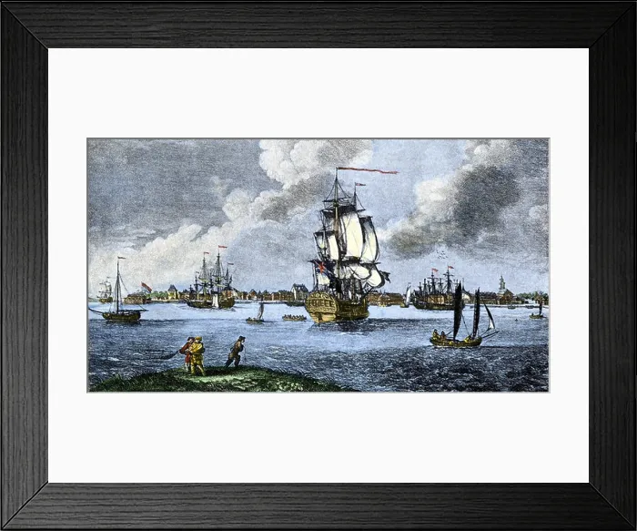 Framed Print : Port of Charleston South Carolina before the American Revolution late 1700s. Hand-colored woodcut Framed Print : Port of Charleston South Carolina before the American Revolution late 1700s. Hand-colored woodcut