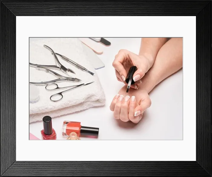Framed Print : top view of manicure tools set for nail care over light background - brush, scissors, nail polish, file and tweezers Framed Print : top view of manicure tools set for nail care over light background - brush, scissors, nail polish, file and tweezers