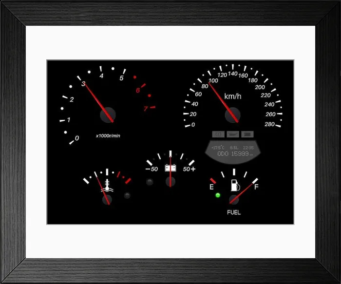 Framed Print : Car dashboard black scales. Fuel gauge, speedometer, tachometer, temperature indicator Framed Print : Car dashboard black scales. Fuel gauge, speedometer, tachometer, temperature indicator