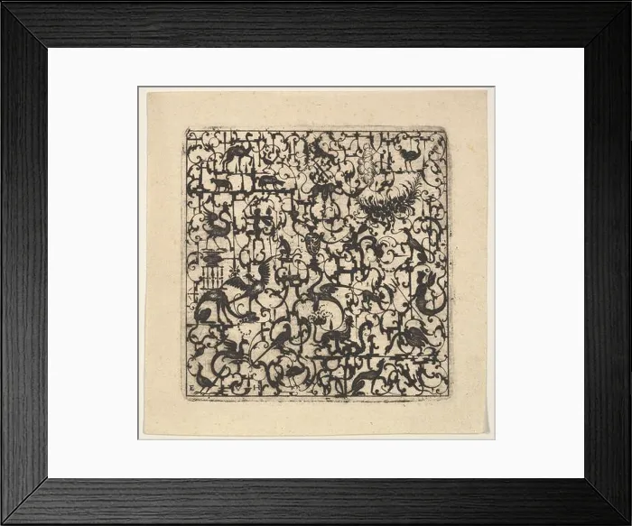Framed Print : Square Blackwork Design in Silhouette Style with Schweifwerk Framed Print : Square Blackwork Design in Silhouette Style with Schweifwerk
