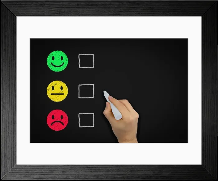 Framed Print : Customer service experience satisfaction rating chalk board with evaluation tick boxes - Red yellow Framed Print : Customer service experience satisfaction rating chalk board with evaluation tick boxes - Red yellow