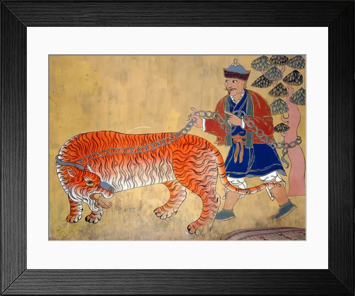 Framed Print : Mural painting of a Mongol with a chained tiger Framed Print : Mural painting of a Mongol with a chained tiger