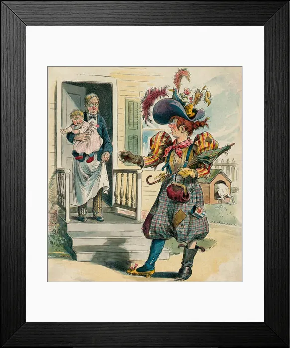 Framed Print : The Coming Woman - shabbily dressed woman addressing a man who is wearing an apron