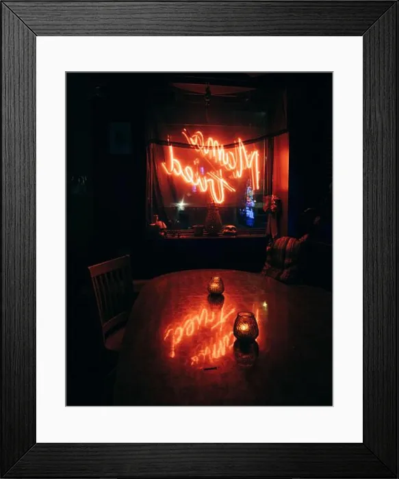 Framed Print : Mama Tried neon sign reflecting on a table, Brooklyn, New York Framed Print : Mama Tried neon sign reflecting on a table, Brooklyn, New York
