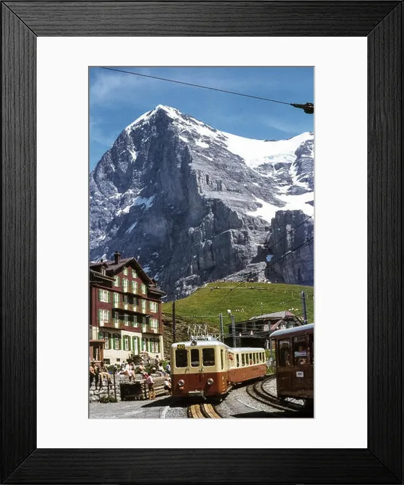 Framed Print : Eiger with Jungfrau railway and Kleine Scheidegg 1979 Kleine Scheidegg mit Jungfraubahn und Eiger